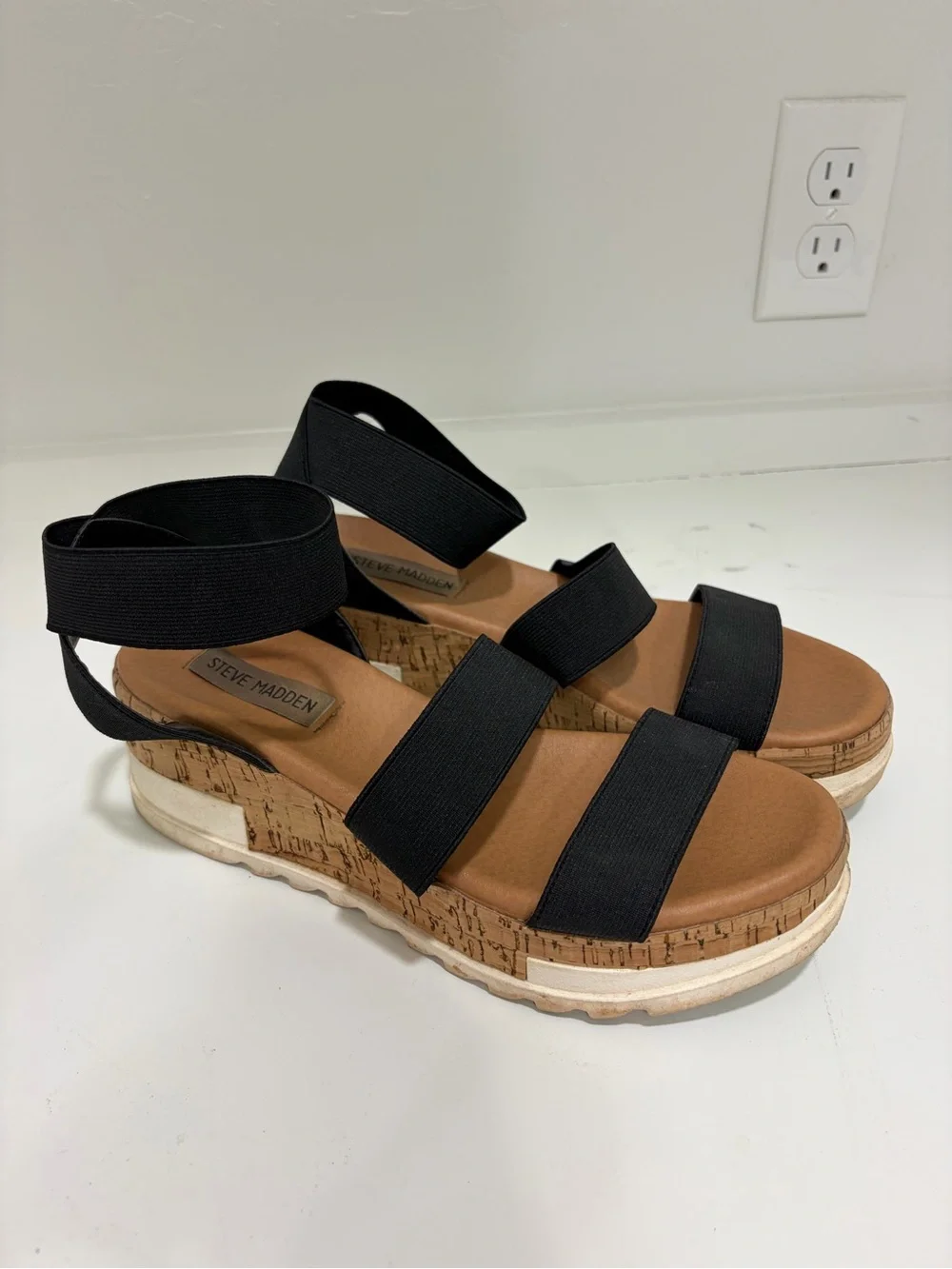 Steve Madden Black Elastic Strappy Cork-Platform Sandals